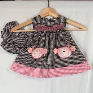 Samara VTG Baby Girl 3 Months Monkey Seersucker Smocked Sun Dress Pink Black 2PC